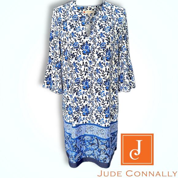 Jude Connally Blue Floral Paisley Dress Bell Sleeve Pockets NWOT Made in USA S - Picture 1 of 9